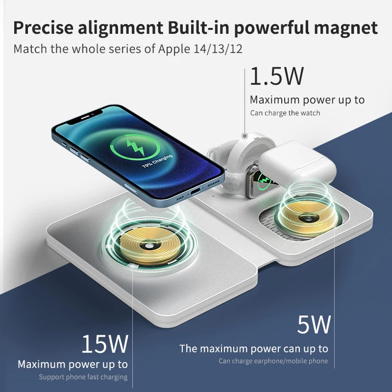 Magnetic three-in-one foldable charging mobile phone battery charger