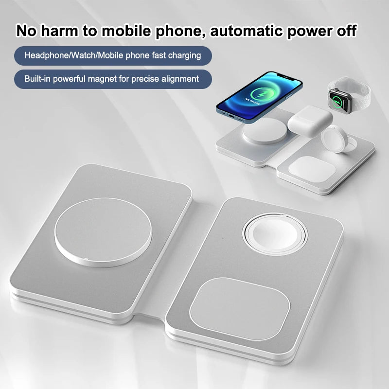 Magnetic three-in-one foldable charging mobile phone battery charger