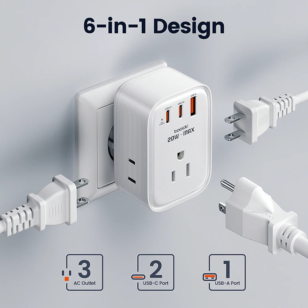 Toocki 20W Charger Power Strip 3 AC Outlets 6-in-1 Wall Socket USB Charger For iPhone 16 15 Samsung S23