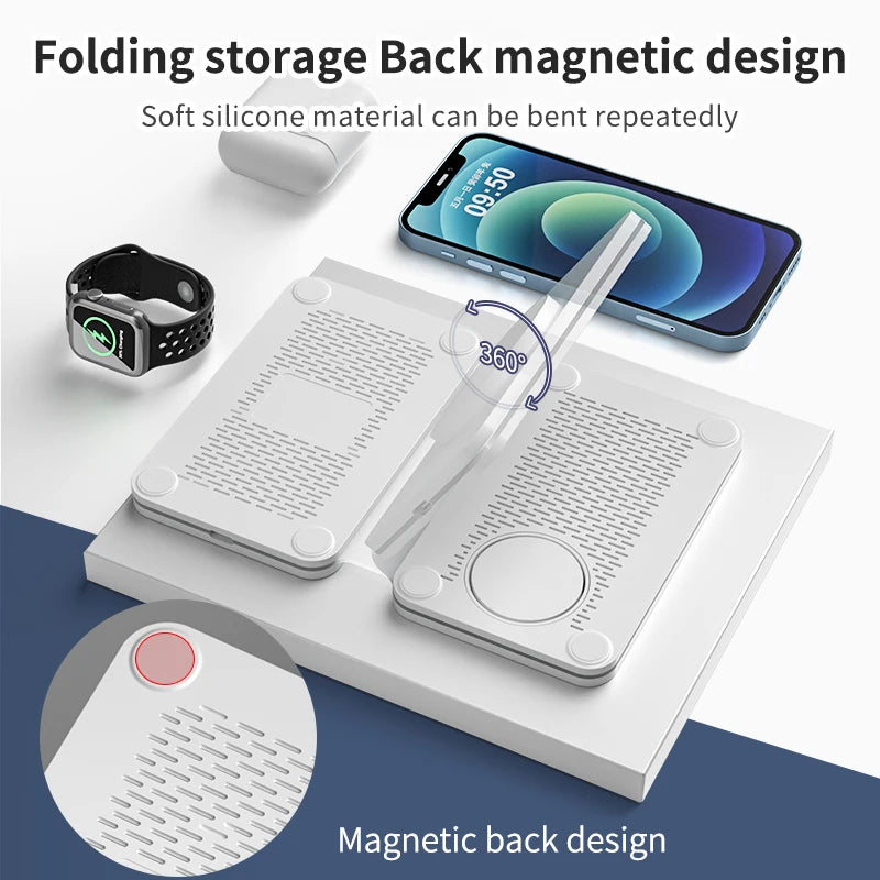 Magnetic three-in-one foldable charging mobile phone battery charger