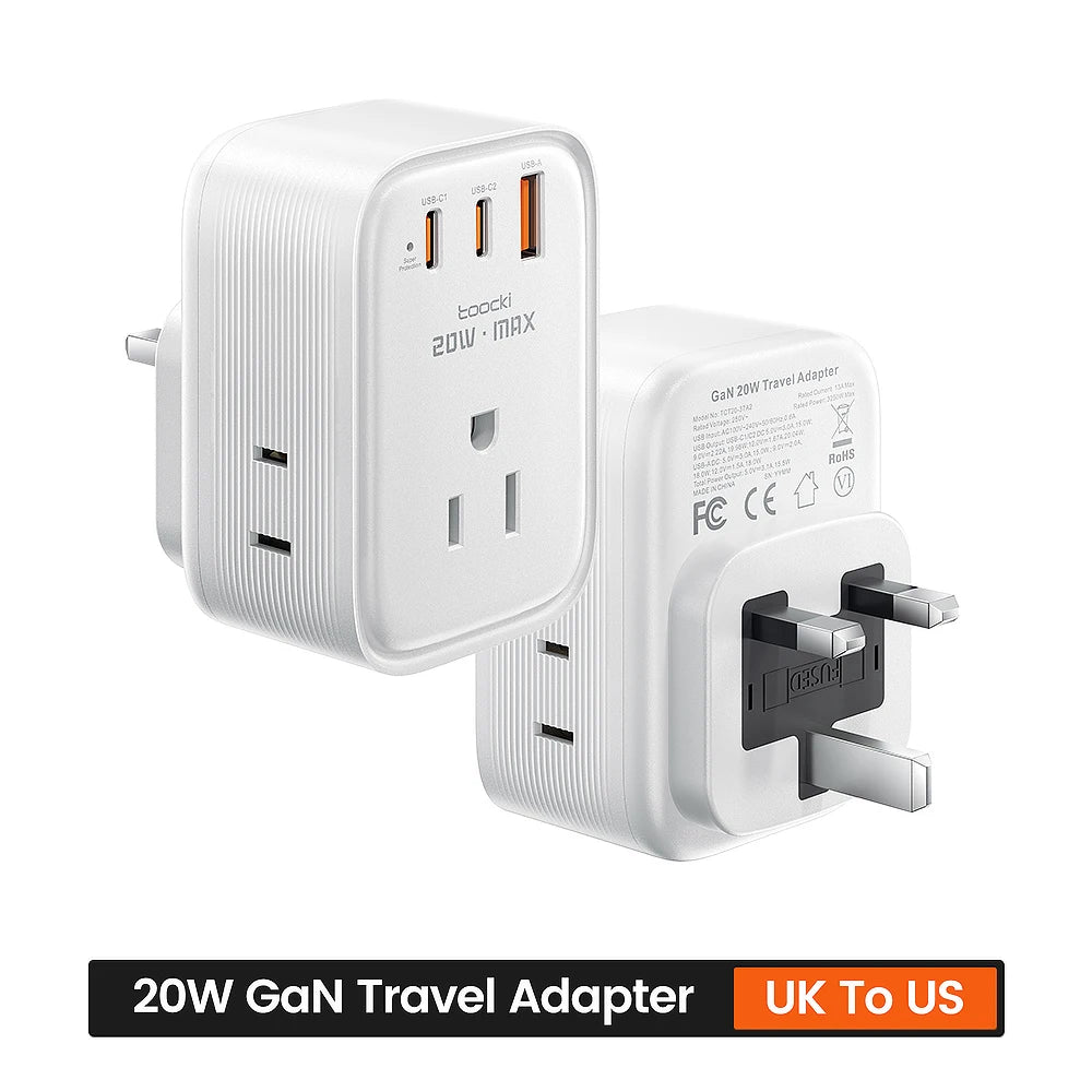 Toocki 20W Charger Power Strip 3 AC Outlets 6-in-1 Wall Socket USB Charger For iPhone 16 15 Samsung S23