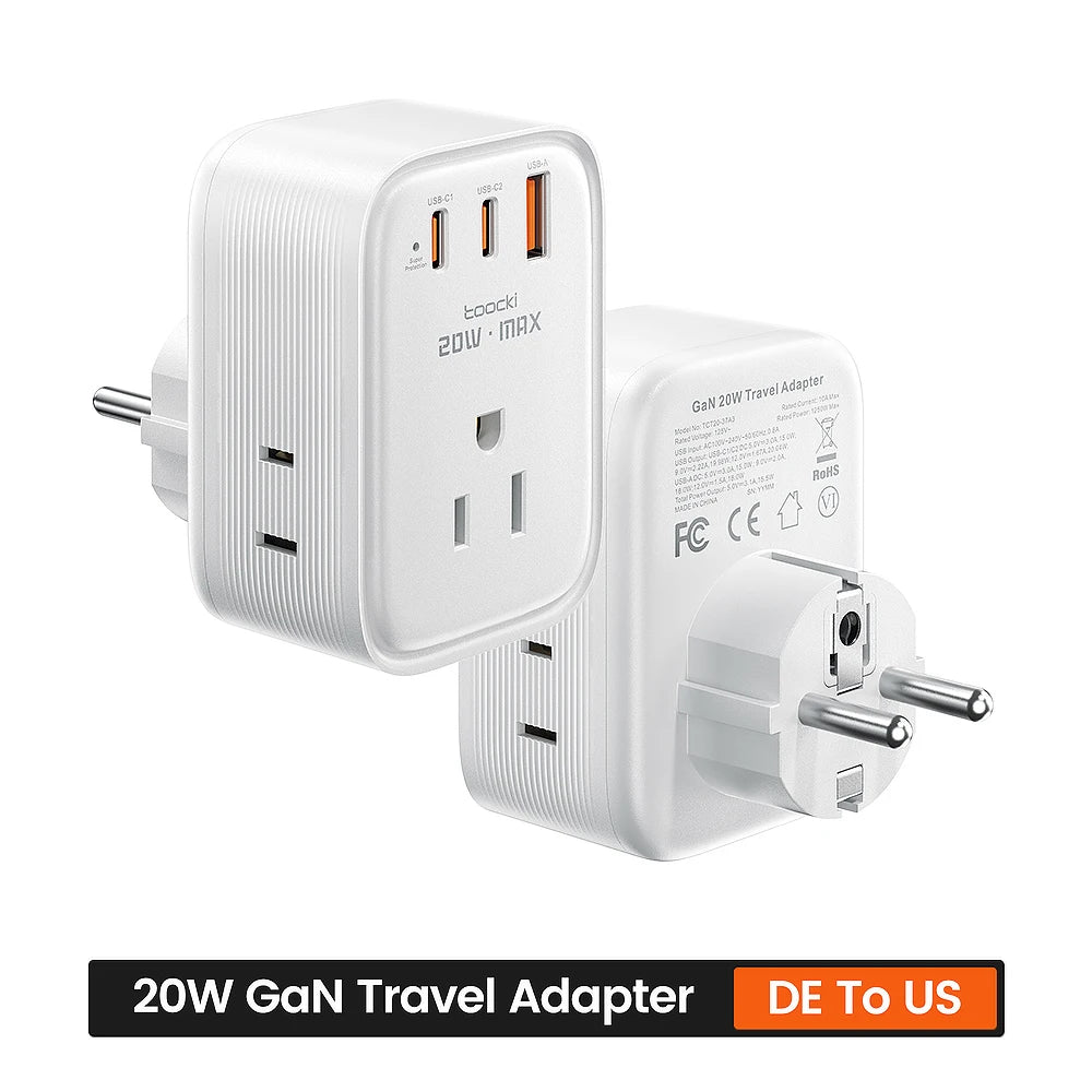 Toocki 20W Charger Power Strip 3 AC Outlets 6-in-1 Wall Socket USB Charger For iPhone 16 15 Samsung S23