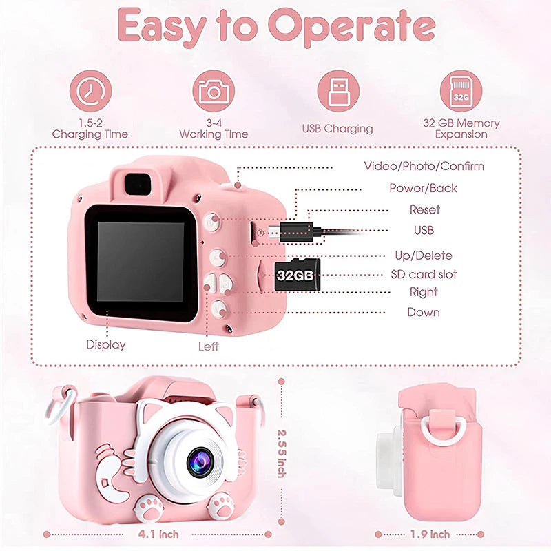 Kids Mini Digital Camera With Video Cartoon 32GB SD Card