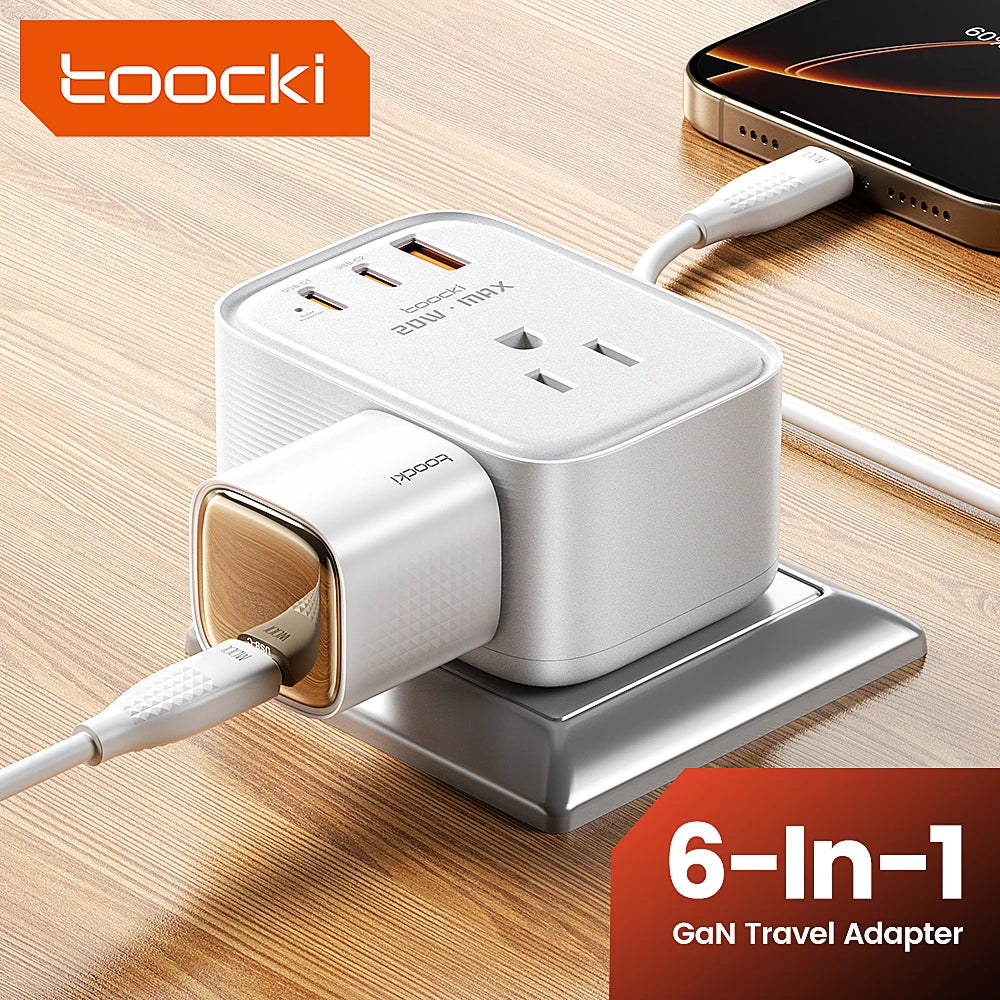 Toocki 20W Charger Power Strip 3 AC Outlets 6-in-1 Wall Socket USB Charger For iPhone 16 15 Samsung S23