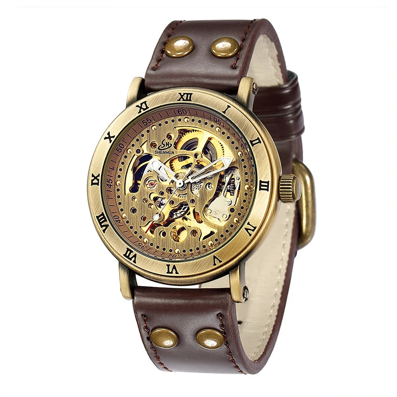 Automatic Mechanical Watch Skeleton Steampunk Genuine Leather Band Self Winding