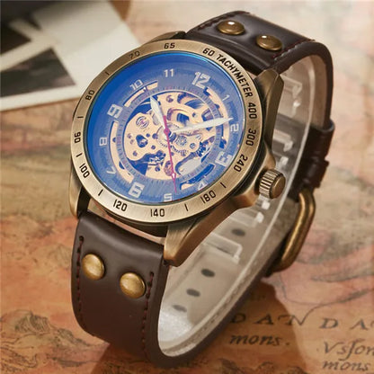 Automatic Mechanical Watch Skeleton Steampunk Genuine Leather Band Self Winding