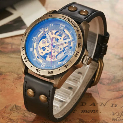 Automatic Mechanical Watch Skeleton Steampunk Genuine Leather Band Self Winding