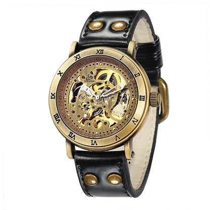 Automatic Mechanical Watch Skeleton Steampunk Genuine Leather Band Self Winding