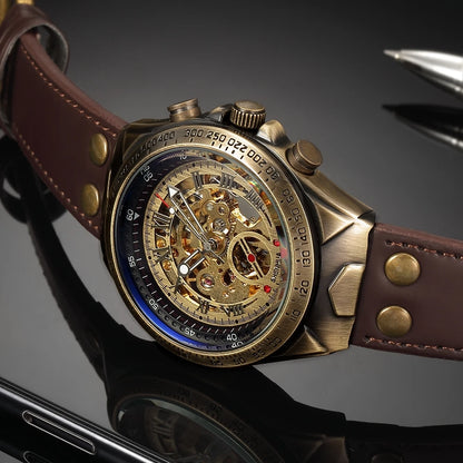 Automatic Mechanical Watch Skeleton Steampunk Genuine Leather Band Self Winding