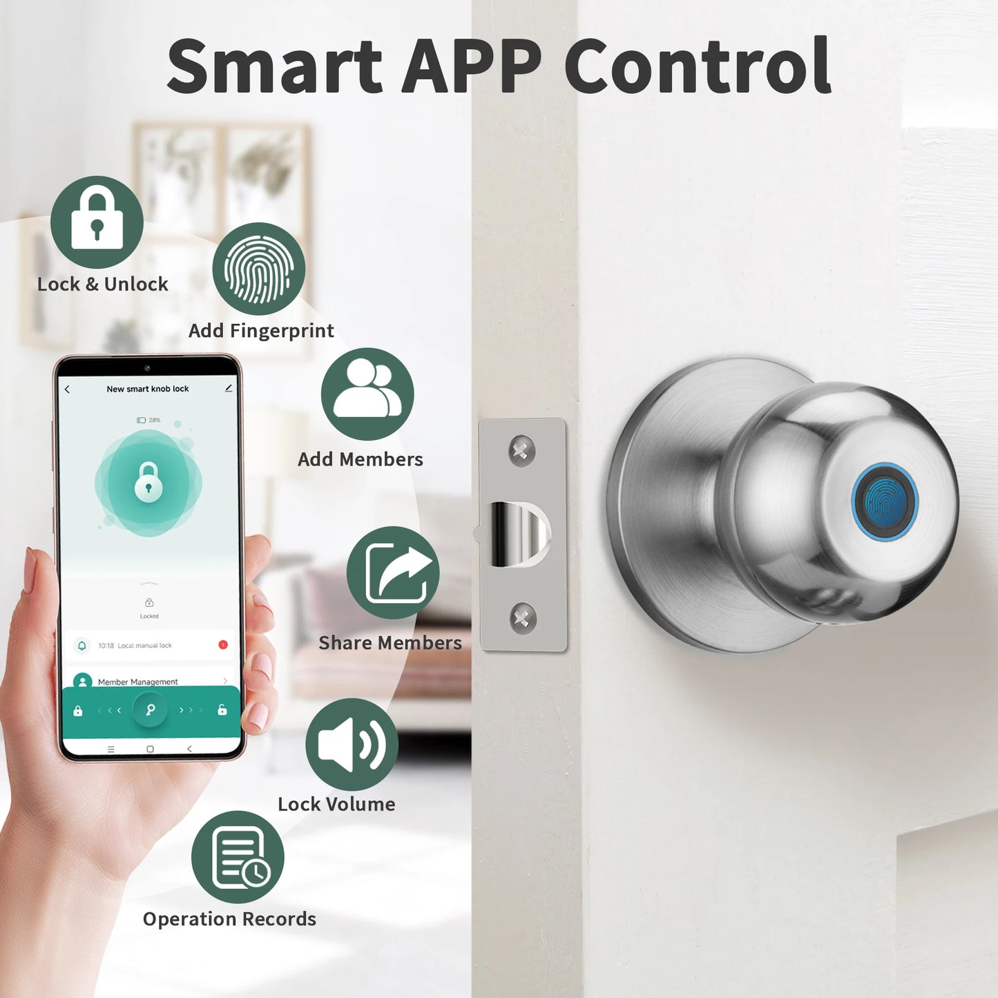 Fingerprint Door Lock Bedroom Biometric Door Knob Lock App Control