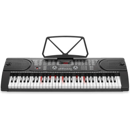 61-Key Electronic Keyboard Portable Digital Music Piano with Lighted Keys, H-Stand, Stool, Headphones, Microphone, & Sticker Set