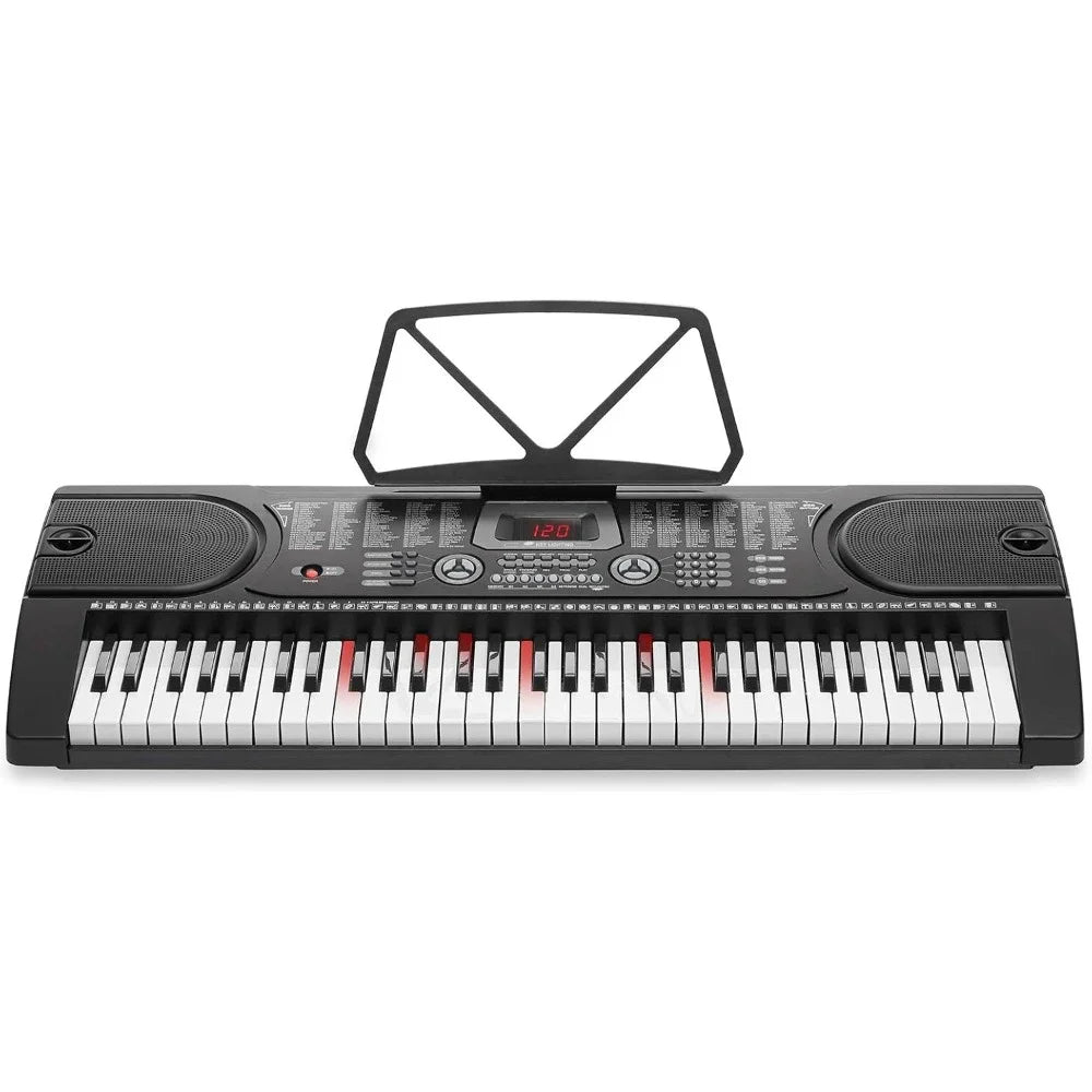 61-Key Electronic Keyboard Portable Digital Music Piano with Lighted Keys, H-Stand, Stool, Headphones, Microphone, & Sticker Set