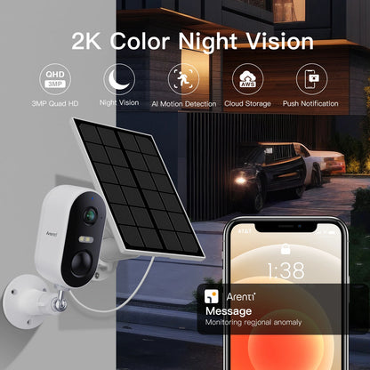 WiFi Camera Outdoor Security Camera  Solar Panel Color Night Vision, Motion Detection,