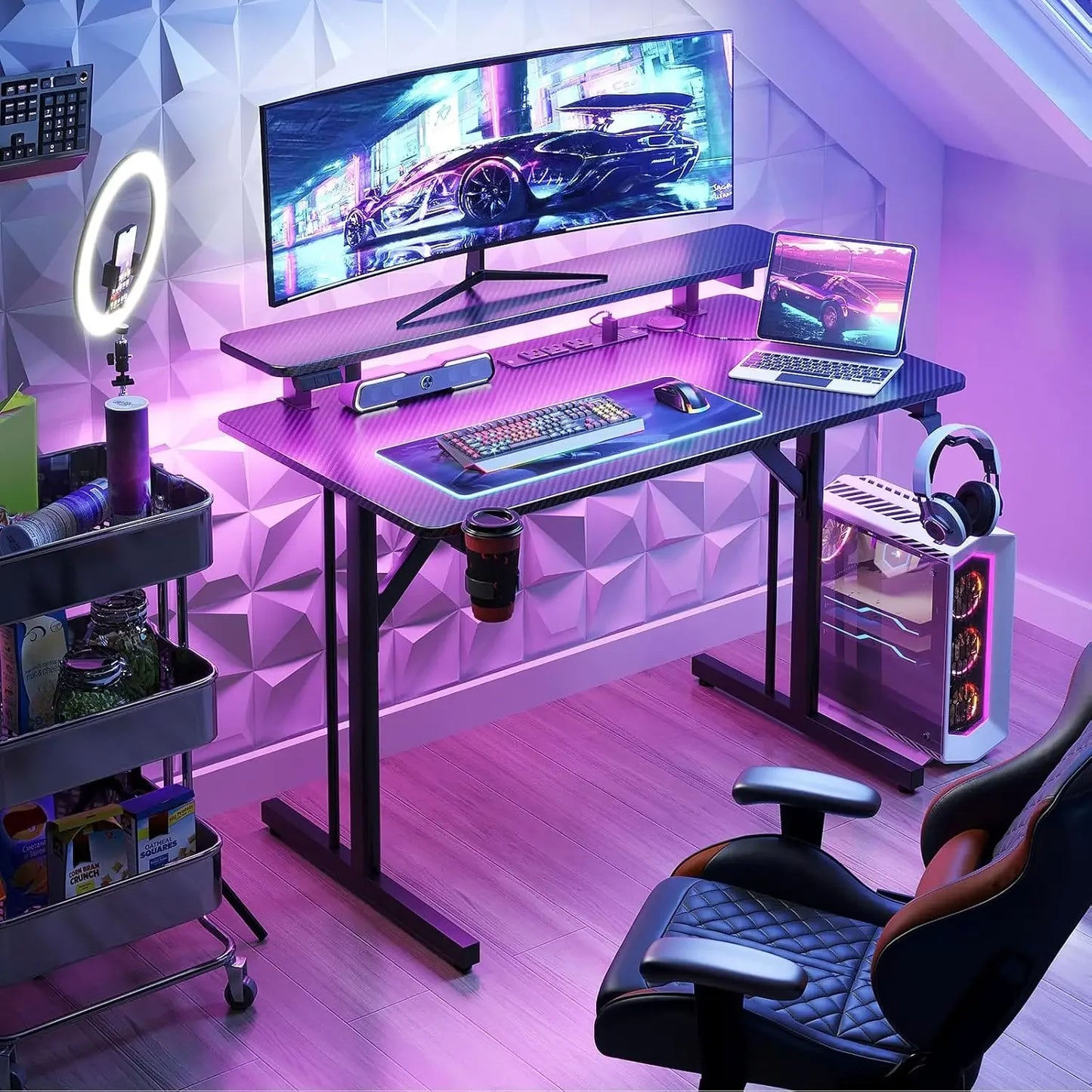 Small Gaming Desk LED Lights & Power Outlets, 31 Inch Computer Desk