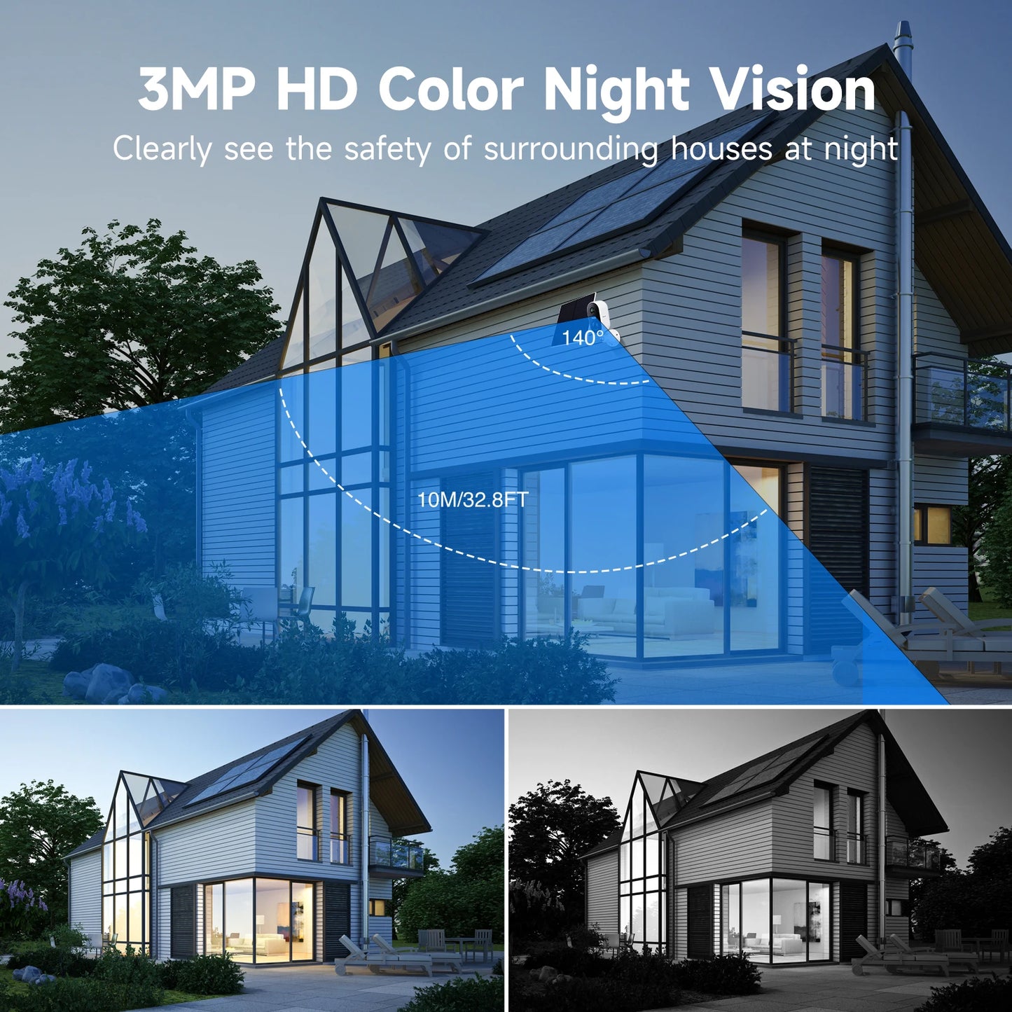 WiFi Camera Outdoor Security Camera  Solar Panel Color Night Vision, Motion Detection,