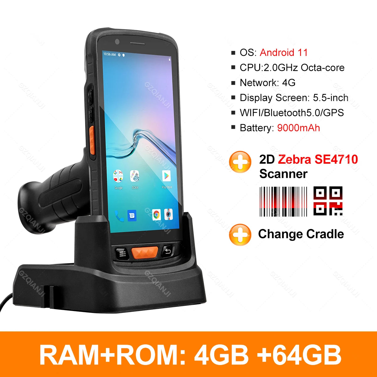 Android 11 Handheld Terminal Wireless Wifi with Grips Cradle