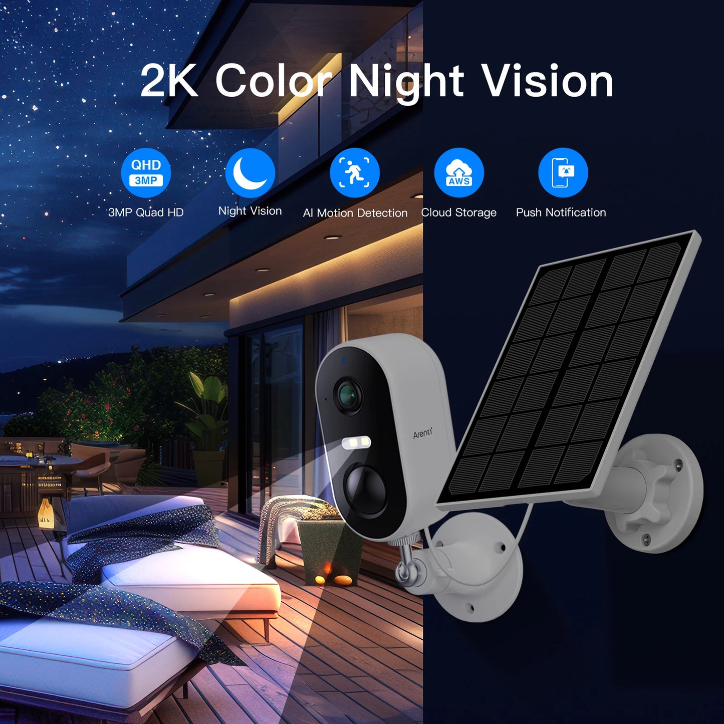 WiFi Camera Outdoor Security Camera  Solar Panel Color Night Vision, Motion Detection,