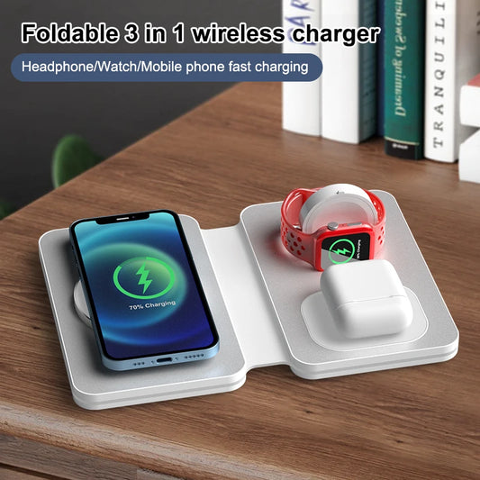 Magnetic three-in-one foldable charging mobile phone battery charger