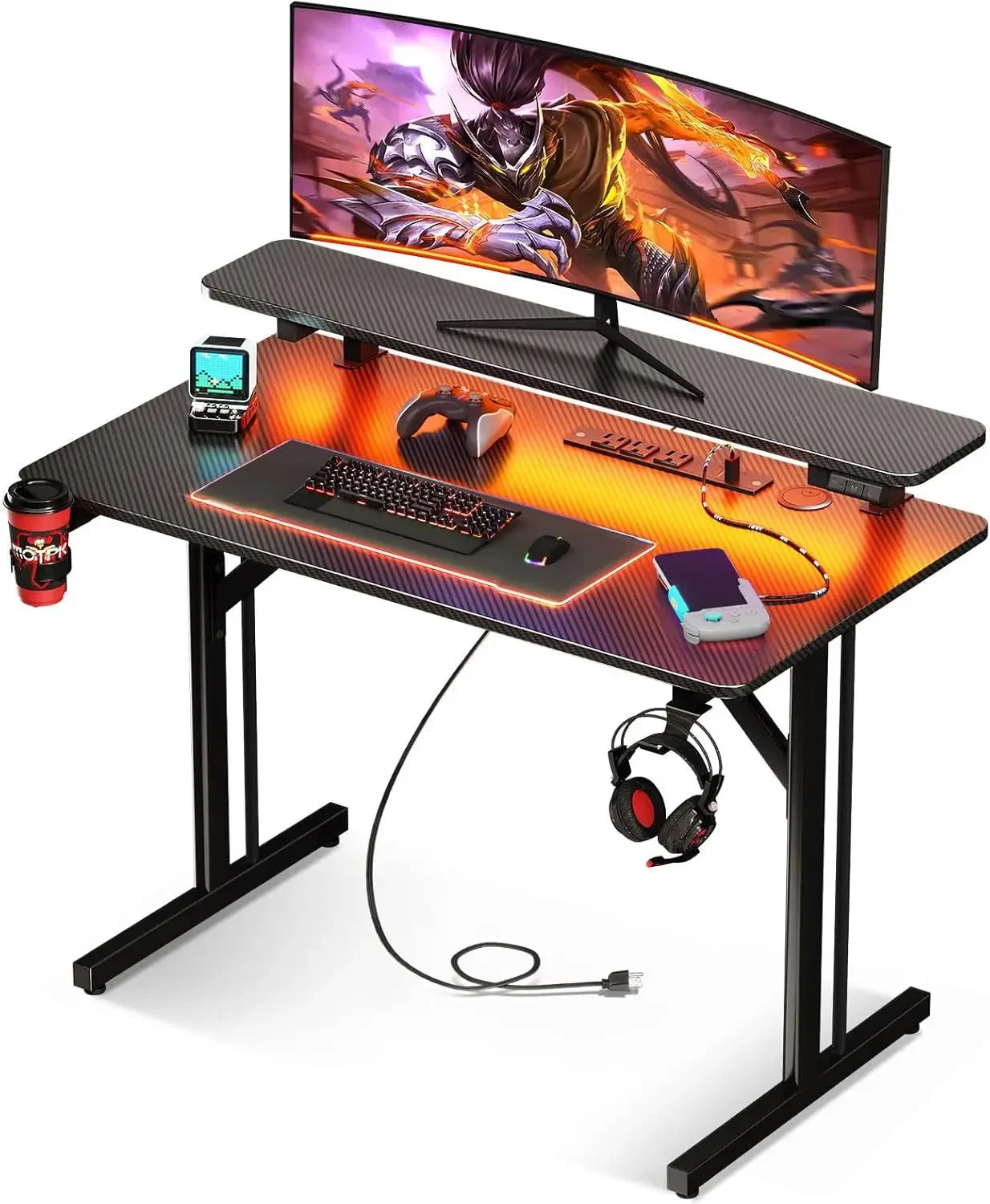 Small Gaming Desk LED Lights & Power Outlets, 31 Inch Computer Desk