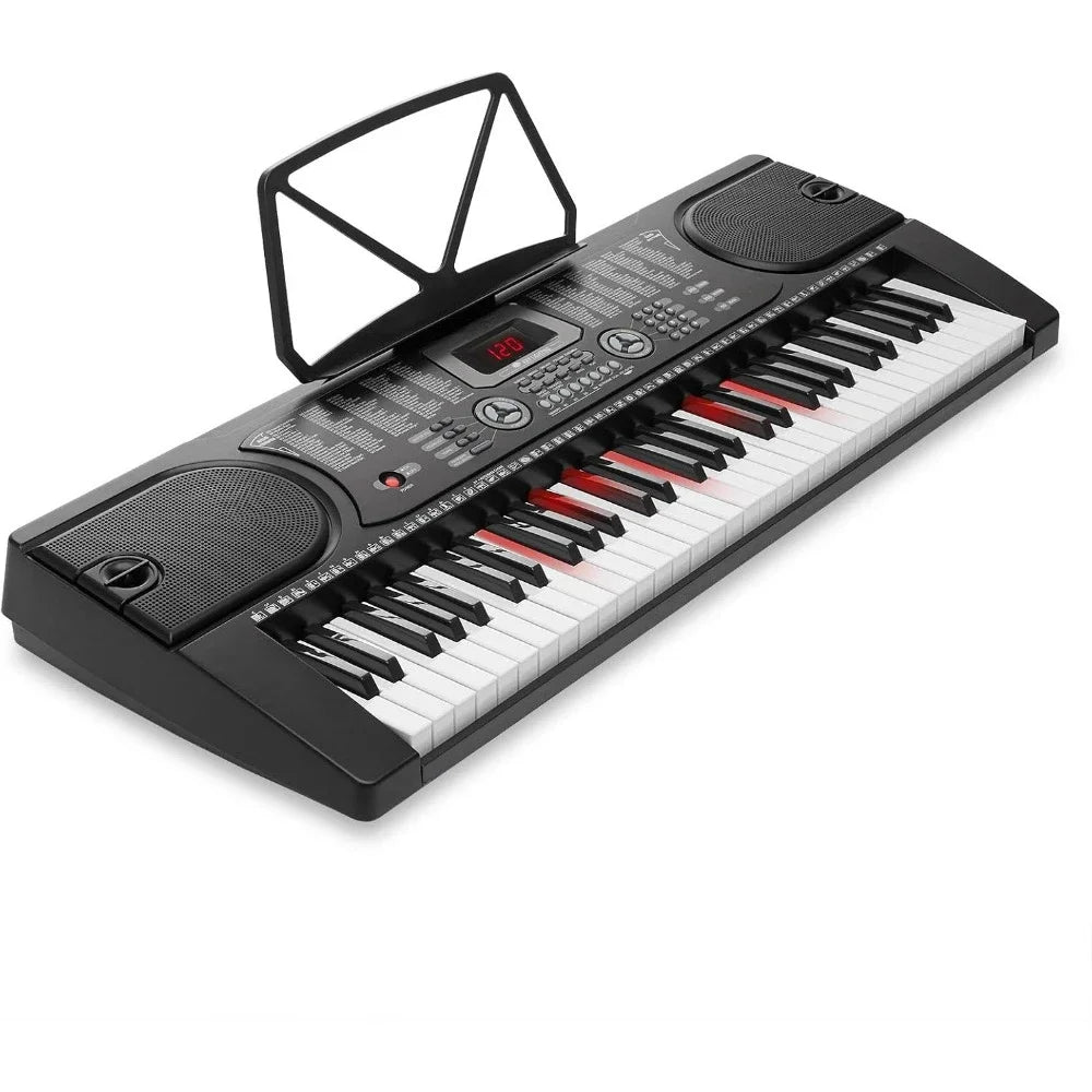 61-Key Electronic Keyboard Portable Digital Music Piano with Lighted Keys, H-Stand, Stool, Headphones, Microphone, & Sticker Set