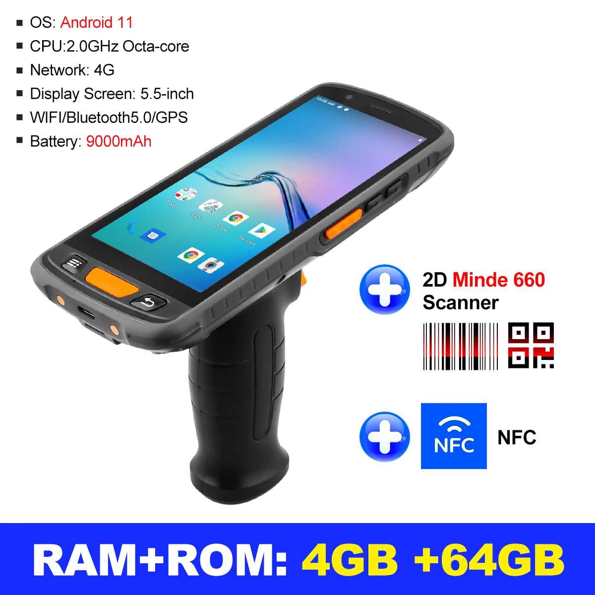 Android 11 Handheld Terminal Wireless Wifi with Grips Cradle