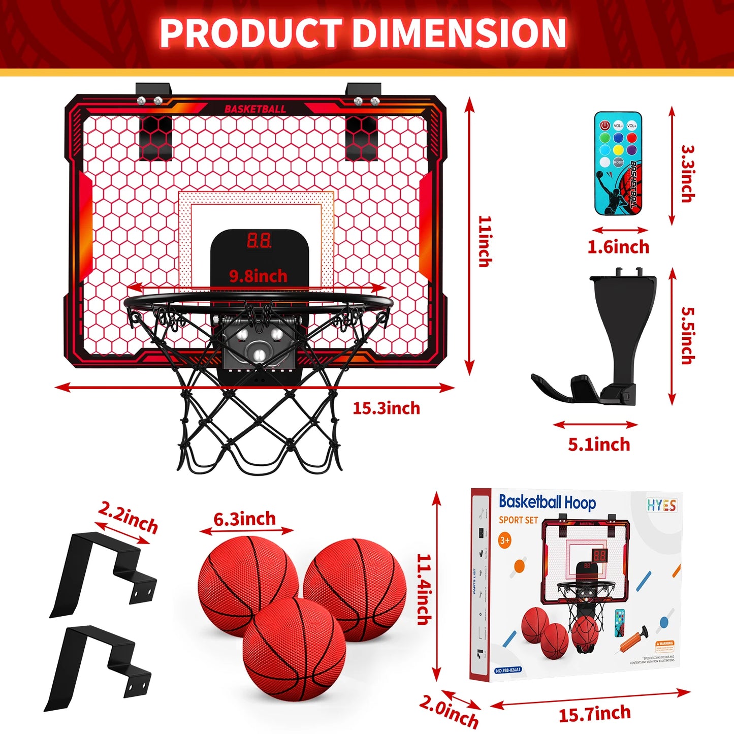 Remote Control Mini Basketball Hoop  Electronic Scoreboard 3 Modes, Foldable