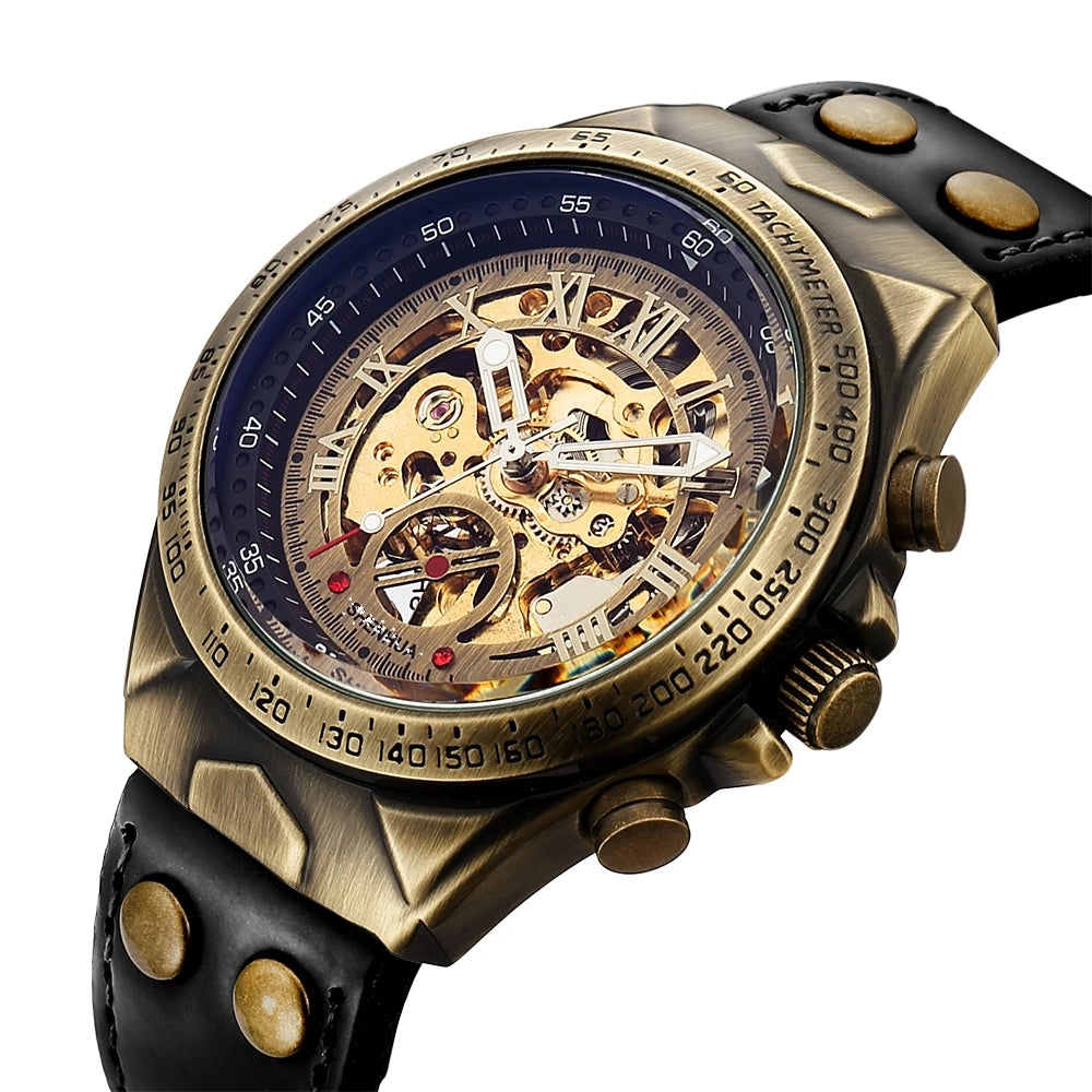 Automatic Mechanical Watch Skeleton Steampunk Genuine Leather Band Self Winding