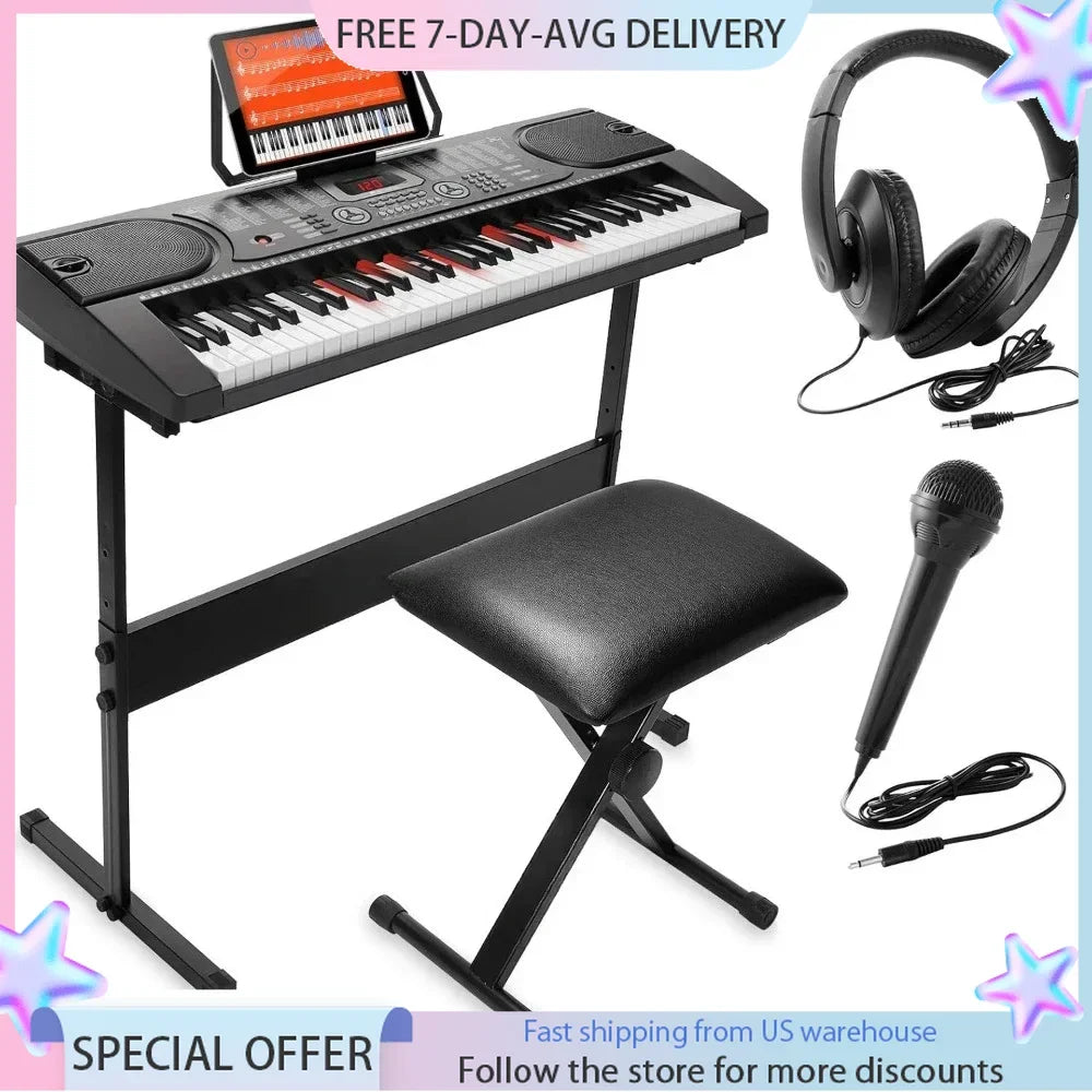 61-Key Electronic Keyboard Portable Digital Music Piano with Lighted Keys, H-Stand, Stool, Headphones, Microphone, & Sticker Set