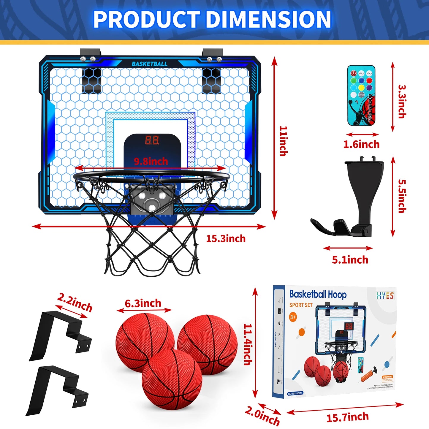 Remote Control Mini Basketball Hoop  Electronic Scoreboard 3 Modes, Foldable