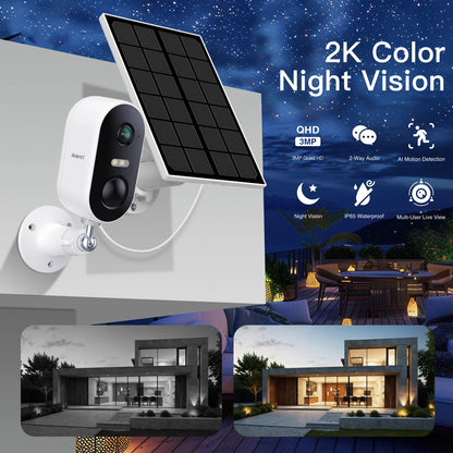 WiFi Camera Outdoor Security Camera  Solar Panel Color Night Vision, Motion Detection,