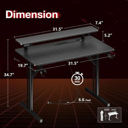 Small Gaming Desk LED Lights & Power Outlets, 31 Inch Computer Desk